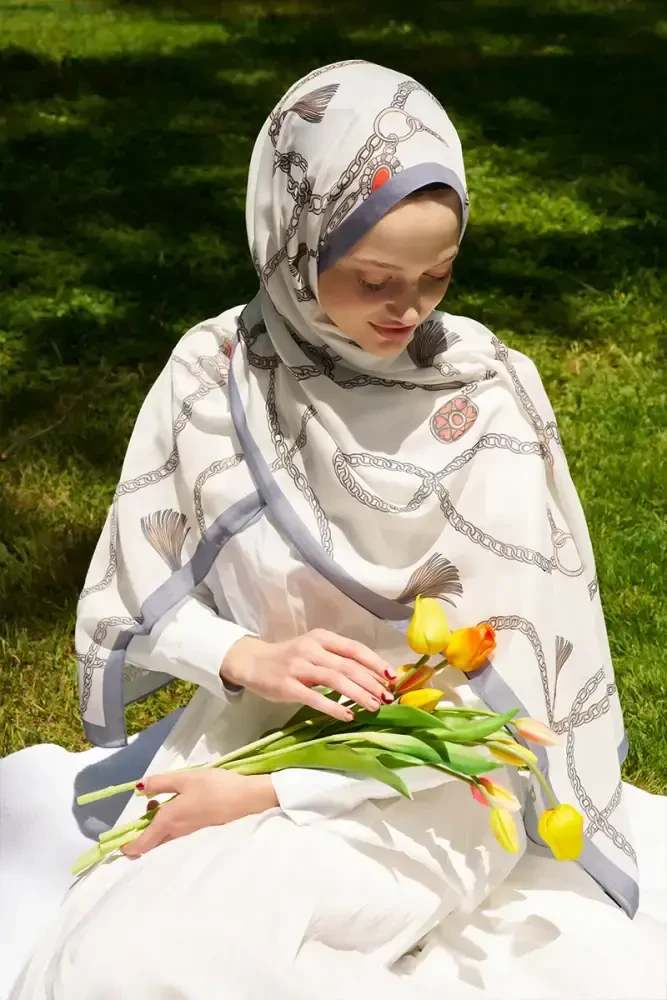 Hyper Zincir Desen Şal - Kırık Beyaz - 4