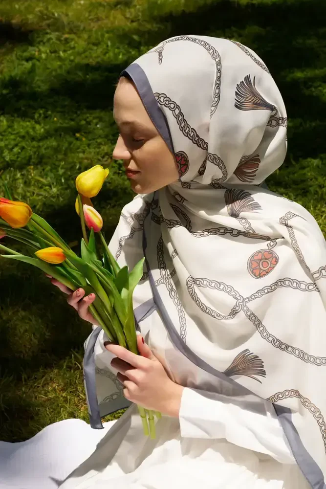 Hyper Zincir Desen Şal - Kırık Beyaz - 5