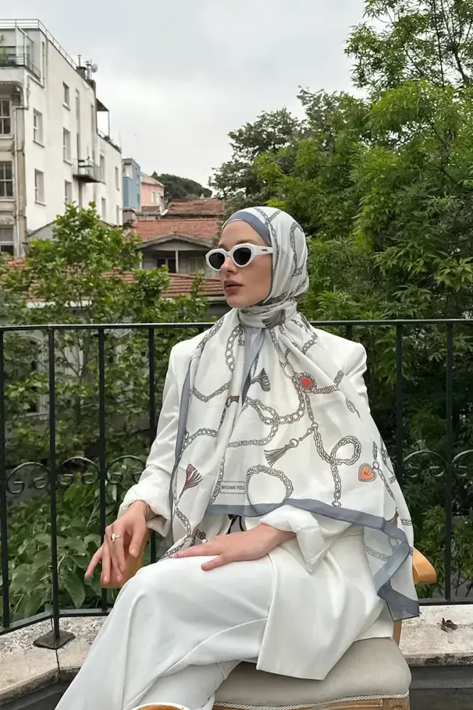Hyper Zincir Desen Şal - Kırık Beyaz - 1
