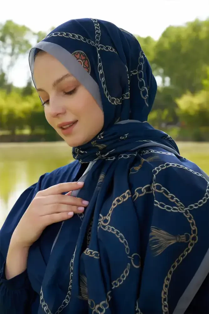 Hyper Zincir Desen Şal - Lacivert - MADAME POLO