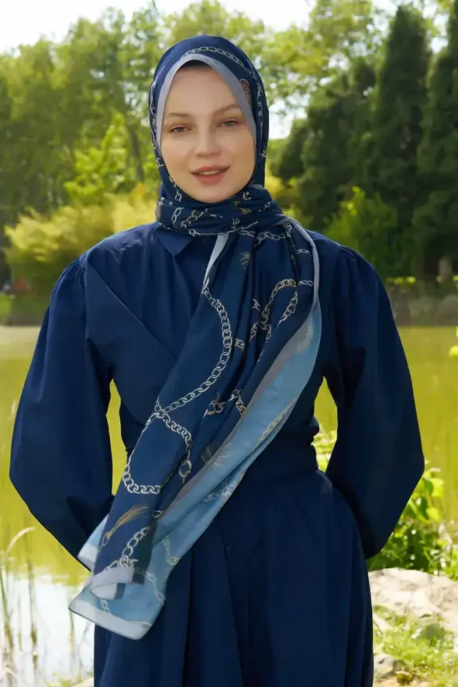 Hyper Zincir Desen Şal - Lacivert - MADAME POLO