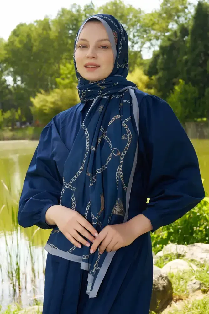 Hyper Zincir Desen Şal - Lacivert - 3