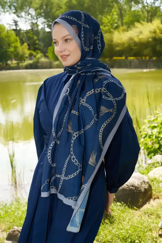 Hyper Zincir Desen Şal - Lacivert - 4
