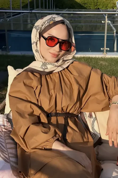 Rabia Hundi Hyper Zincir Desen Şal - Latte 