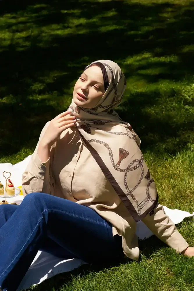 Hyper Zincir Desen Şal - Latte - 4