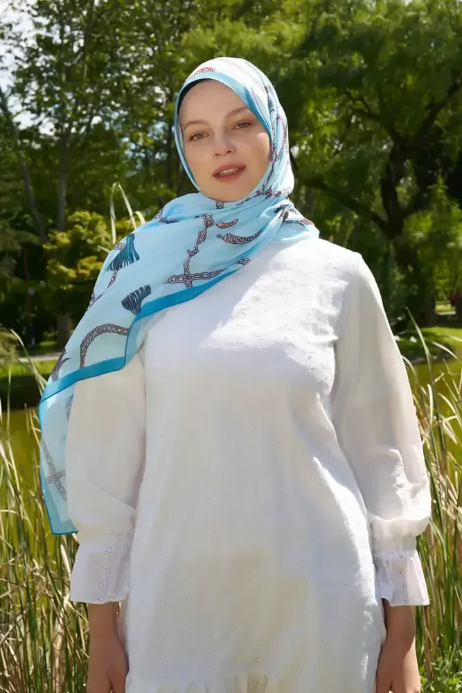 Hyper Zincir Desen Şal - Mavi - MADAME POLO