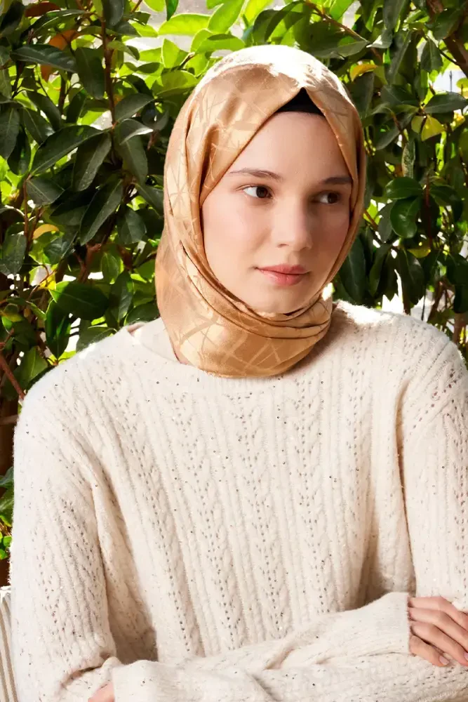 İpeksi Jakar İtalyan Şal Çizgi Desen - Bal Rengi - 1