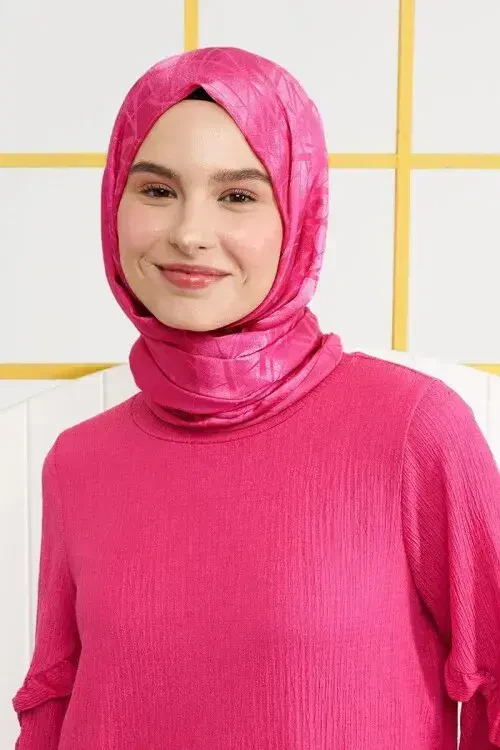 Büşra Fethi İpeksi Jakar İtalyan Şal Çizgi Desen - Barbie Pembesi - 2