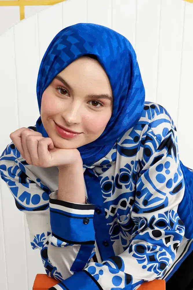 İpeksi Jakar İtalyan Şal Origami Desen - Saks - 1