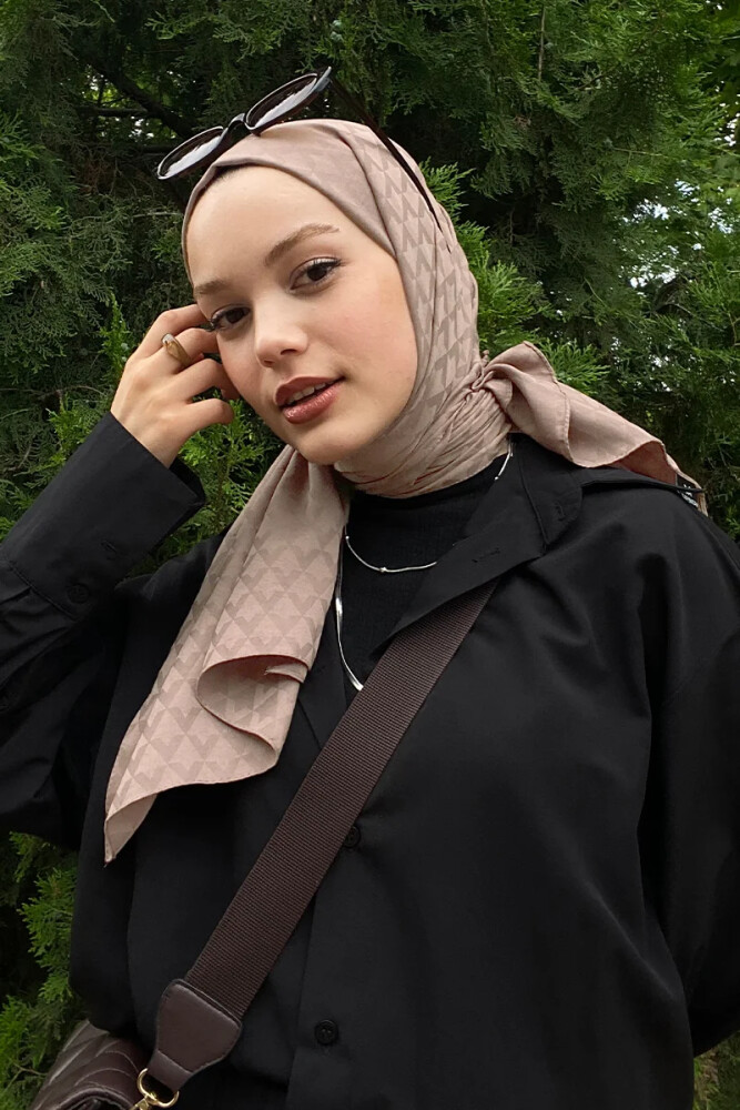 Pembe Sena İpeksi Jakar Lara Şal Geometrik Desen - Koyu Bej - 1