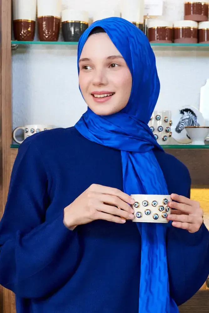 İlayda Toraman İpeksi Jakar Lisa Şal Fuzz Desen - Saks Mavi - 4