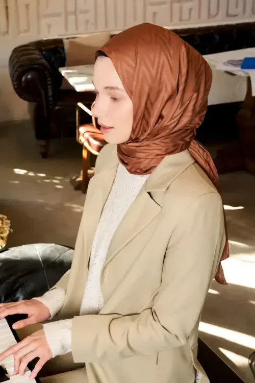 İpeksi Jakar Lisa Şal Zikzak Desen - Kahverengi 