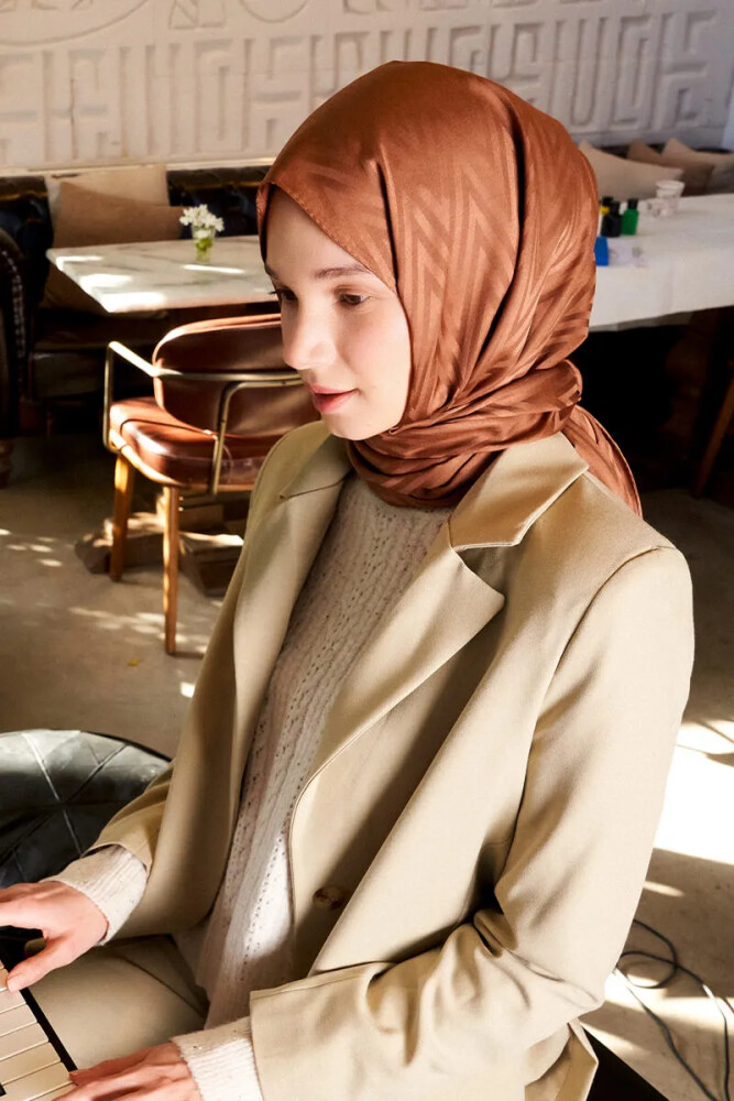 İpeksi Jakar Lisa Şal Zikzak Desen - Kahverengi - 3