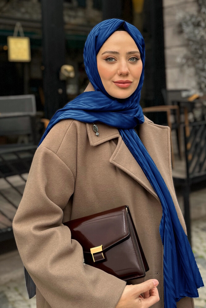 Aybüke Nur Demirci İpeksi Jakar Lisa Şal Zikzak Desen - Lacivert - 1