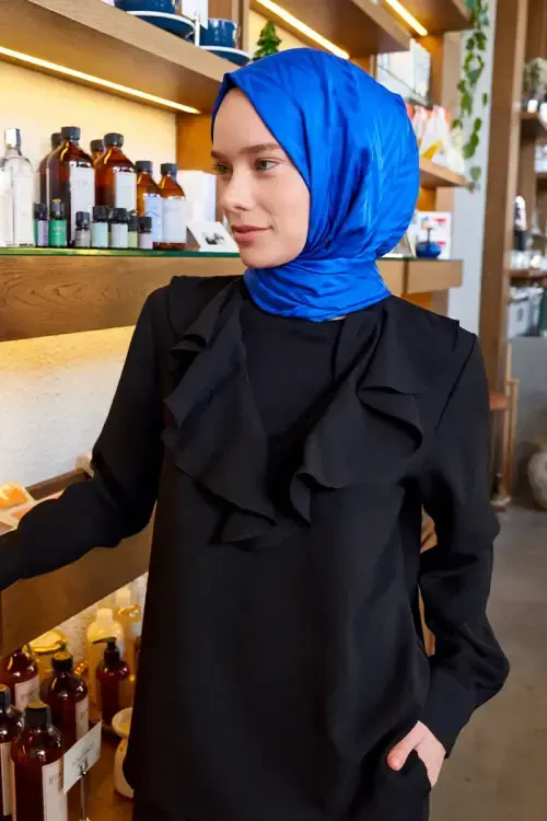 İpeksi Jakar Lisa Şal Zikzak Desen - Saks Mavi 