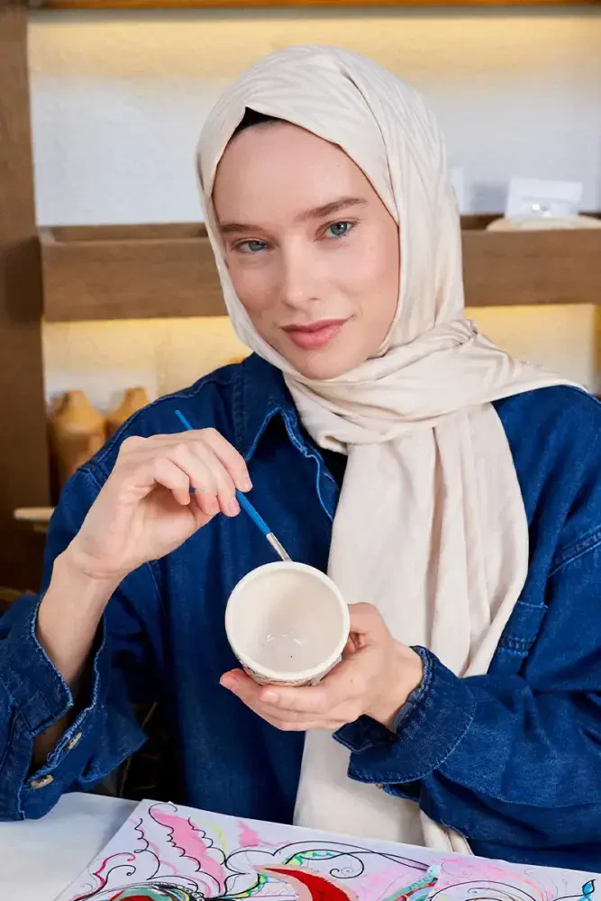 Aybüke Nur Demirci İpeksi Jakar Lisa Şal Zikzak Desen - Taş - 2