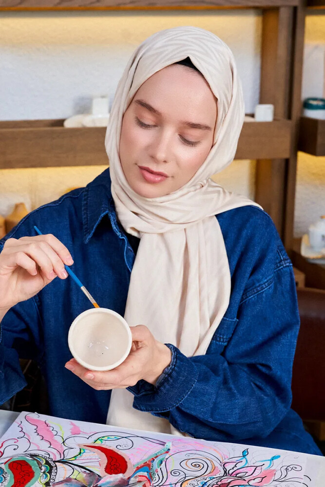 Aybüke Nur Demirci İpeksi Jakar Lisa Şal Zikzak Desen - Taş - 3