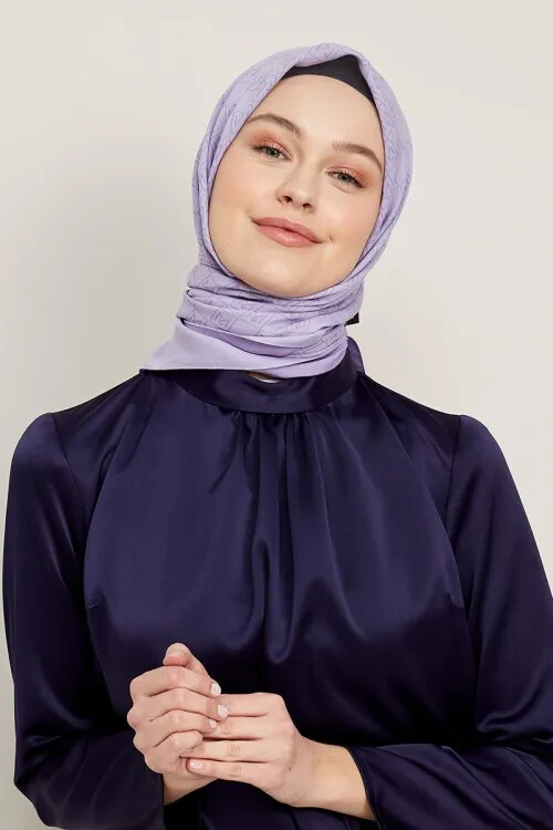 İpeksi Jakar Monogram Desen Eşarp - Lila - 3
