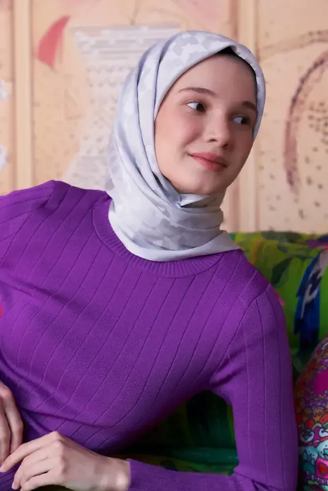 İpeksi Jakar Safir Eşarp Kazayağı Desen - Gümüş - 3