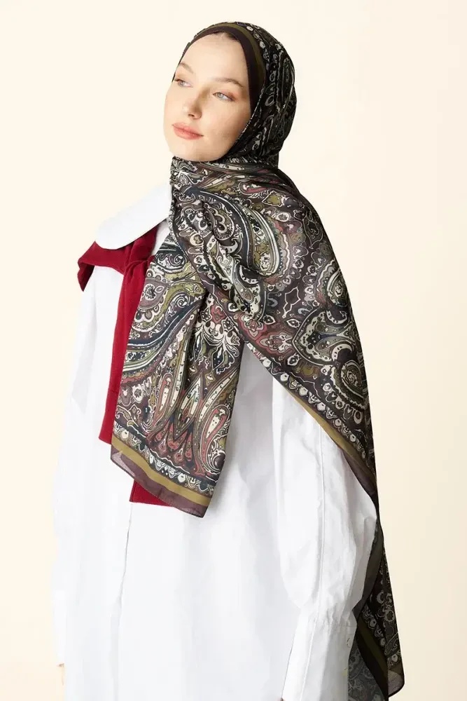 Katre Desenli Pamuk Dokulu Şal - Acı Kahve - 3