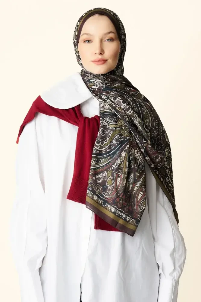 Katre Desenli Pamuk Dokulu Şal - Acı Kahve - 4