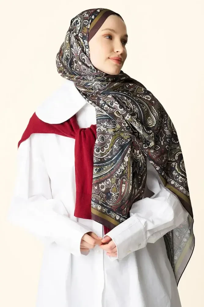 Katre Desenli Pamuk Dokulu Şal - Acı Kahve - MADAME POLO