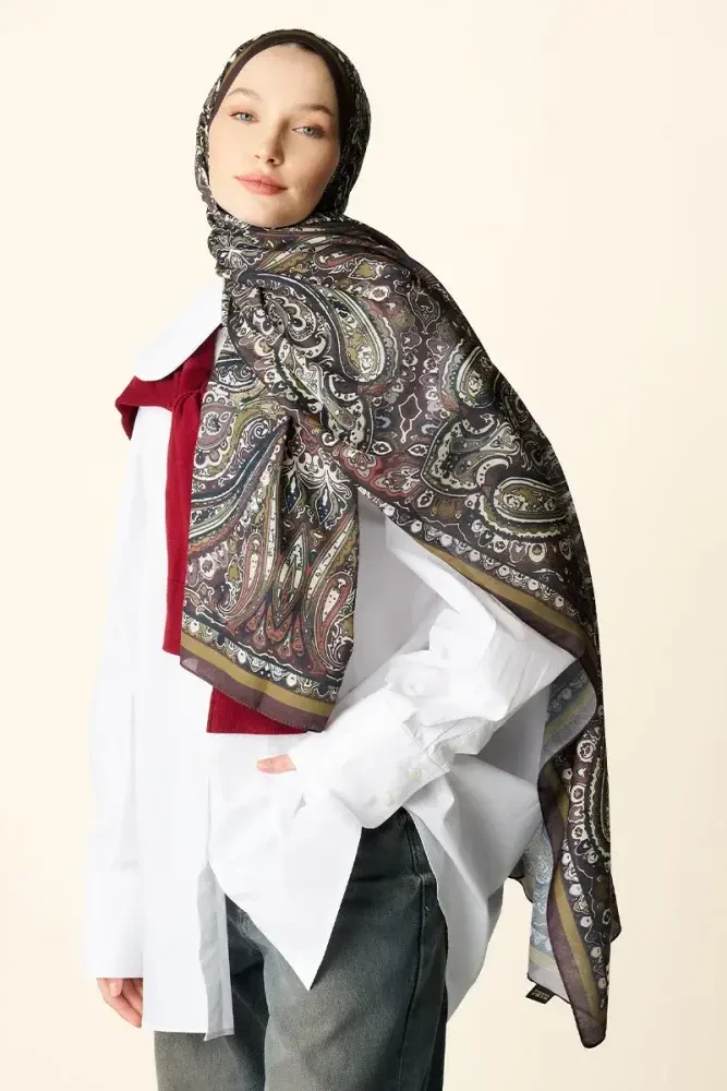Katre Desenli Pamuk Dokulu Şal - Acı Kahve - 2