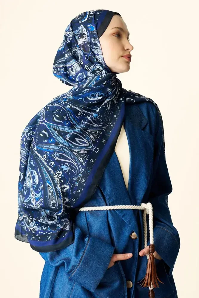 Katre Desenli Pamuk Dokulu Şal - Lacivert - MADAME POLO