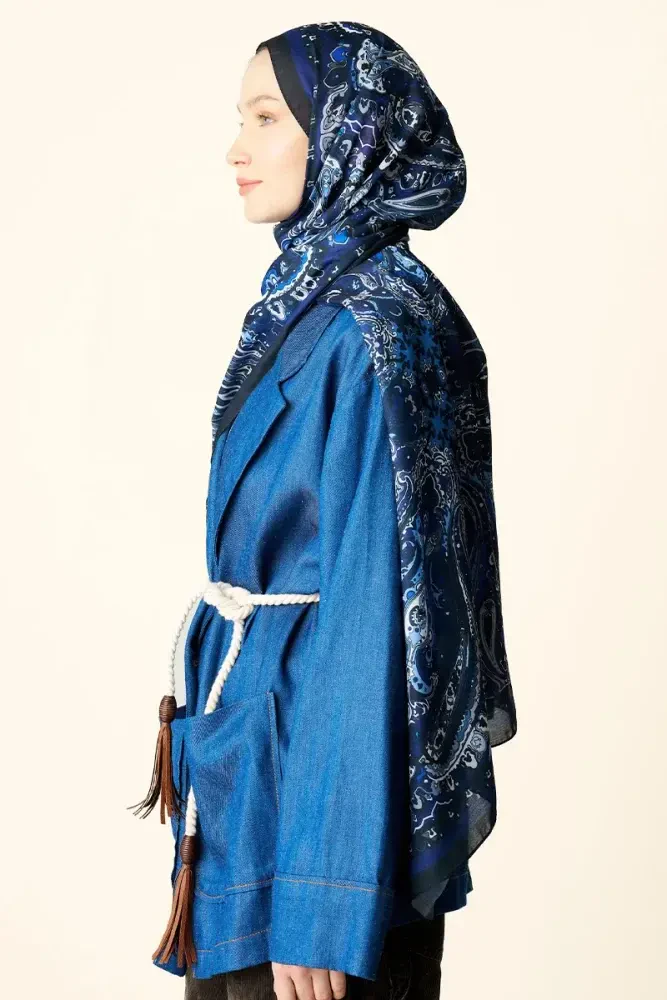 Katre Desenli Pamuk Dokulu Şal - Lacivert - 3