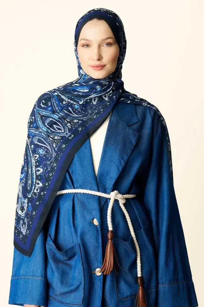 Katre Desenli Pamuk Dokulu Şal - Lacivert - 1