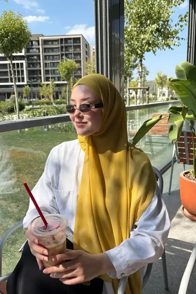 Krep Şifon Şal - Hardal - MADAME POLO