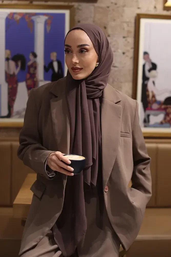 Krep Şifon Şal - Kahverengi - MADAME POLO