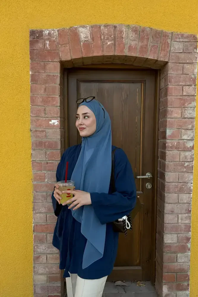 Krep Şifon Şal - Mavi - MADAME POLO