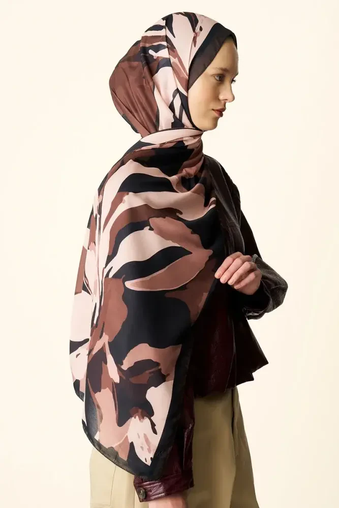 Liva Desenli Pamuk Dokulu Şal - Acı Kahve - 3