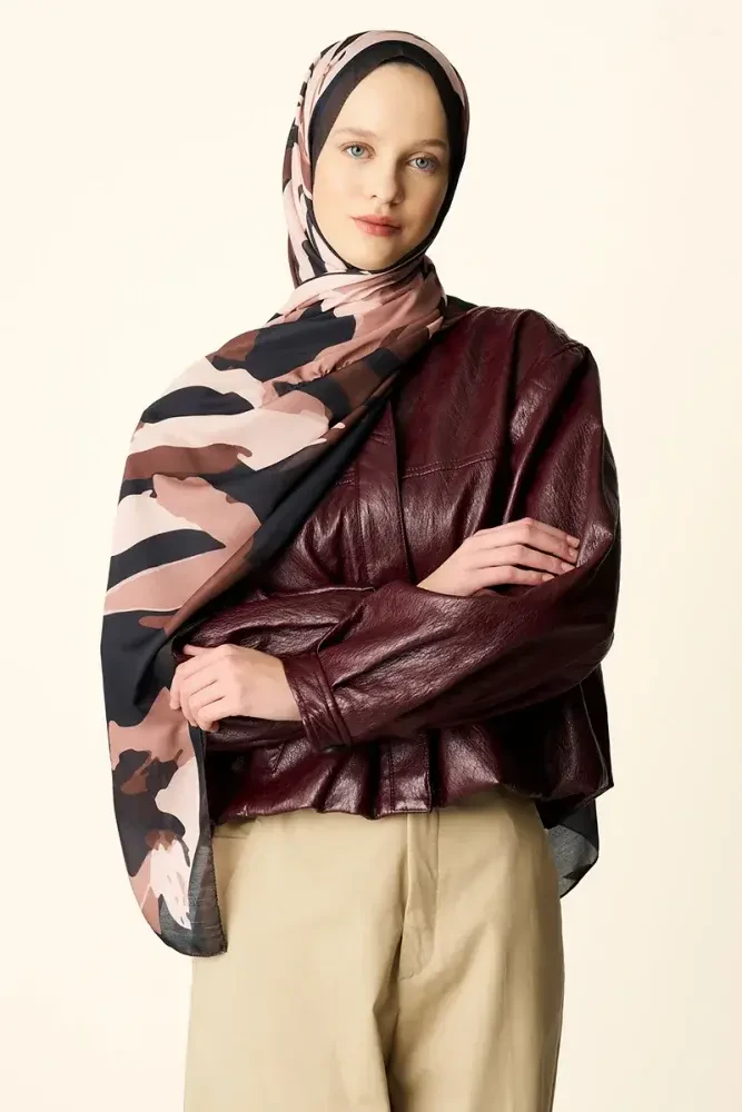 Liva Desenli Pamuk Dokulu Şal - Acı Kahve - MADAME POLO