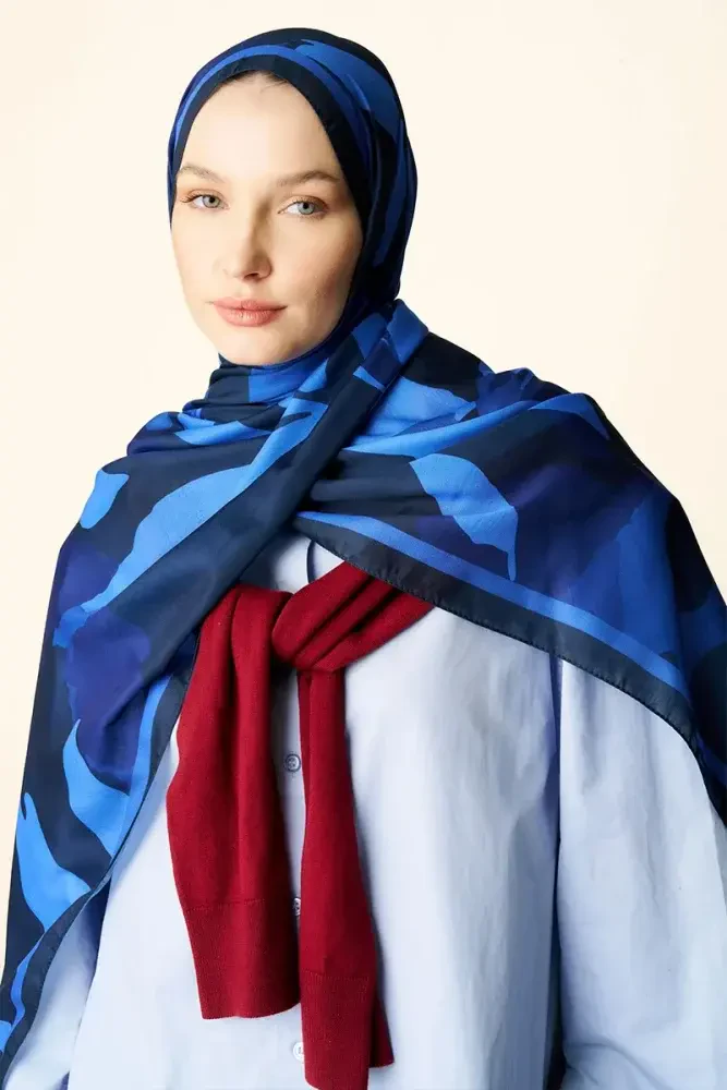 Liva Desenli Pamuk Dokulu Şal - Gece Mavisi - 1