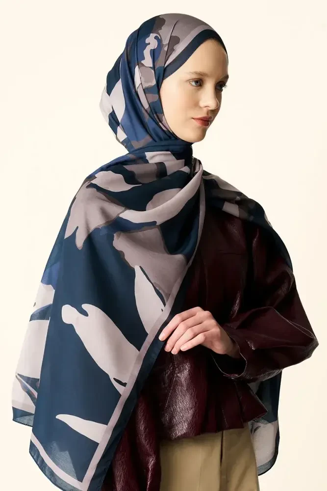 Liva Desenli Pamuk Dokulu Şal - Lacivert - 3