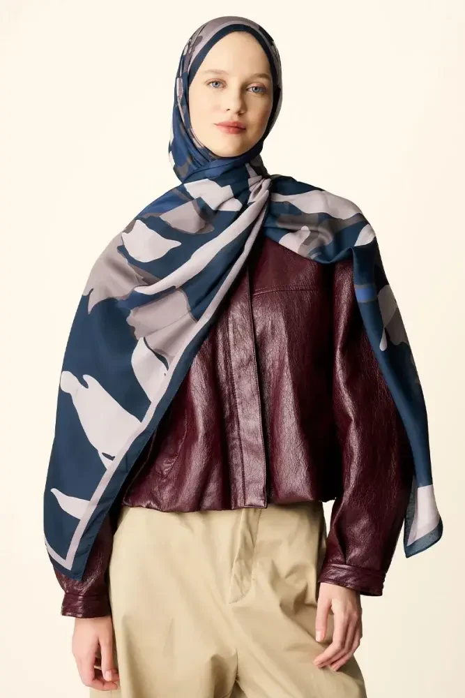 Liva Desenli Pamuk Dokulu Şal - Lacivert - 4