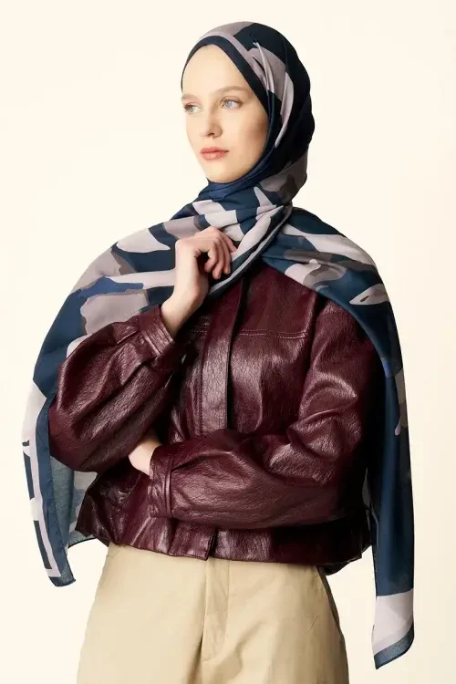 Liva Desenli Pamuk Dokulu Şal - Lacivert 