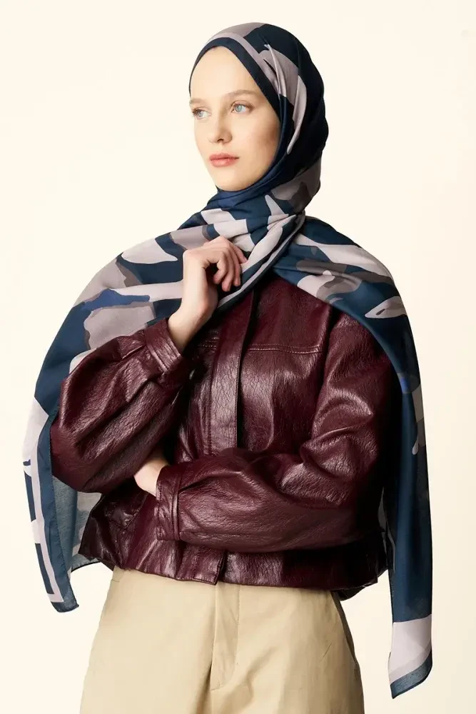 Liva Desenli Pamuk Dokulu Şal - Lacivert - 1