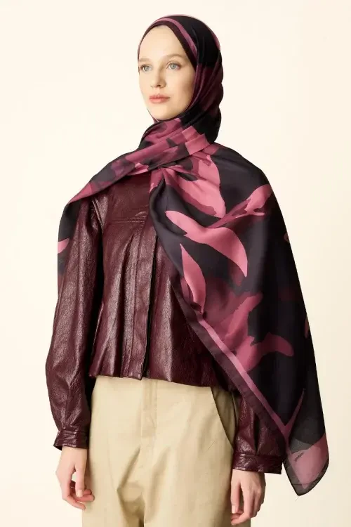 Liva Desenli Pamuk Dokulu Şal - Mürdüm 