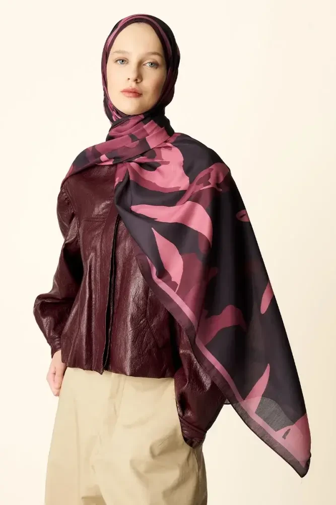 Liva Desenli Pamuk Dokulu Şal - Mürdüm - 3