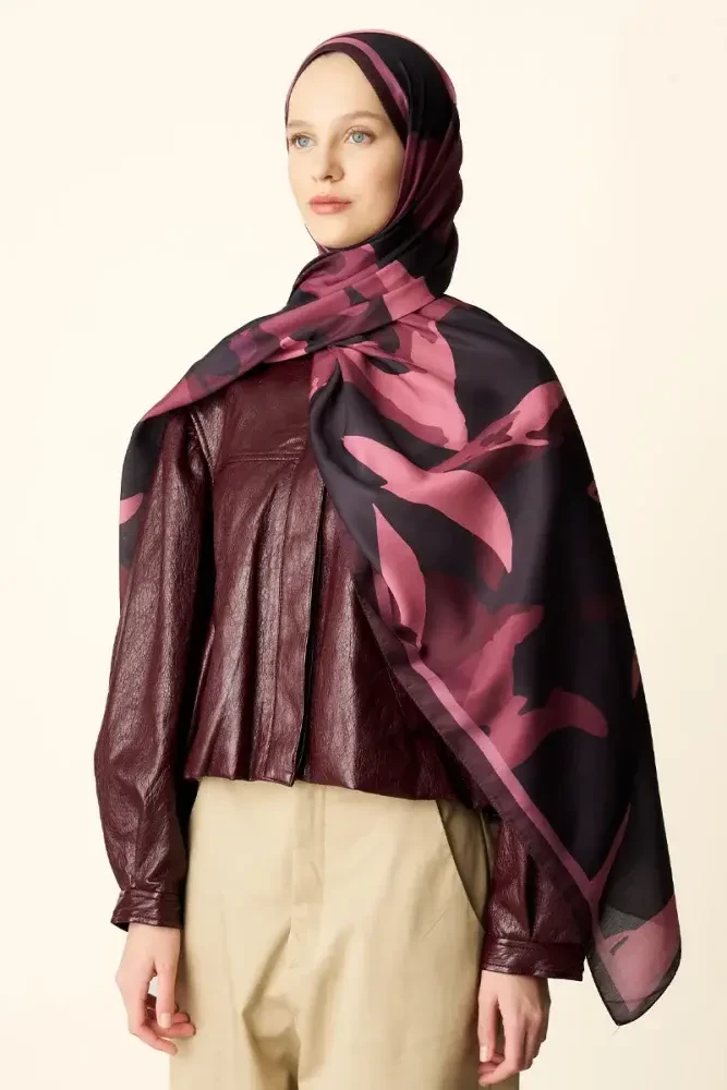 Liva Desenli Pamuk Dokulu Şal - Mürdüm - MADAME POLO