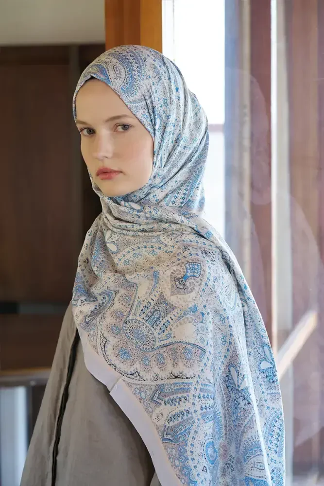Live Siena Desen Şal - Açık Mavi - MADAME POLO