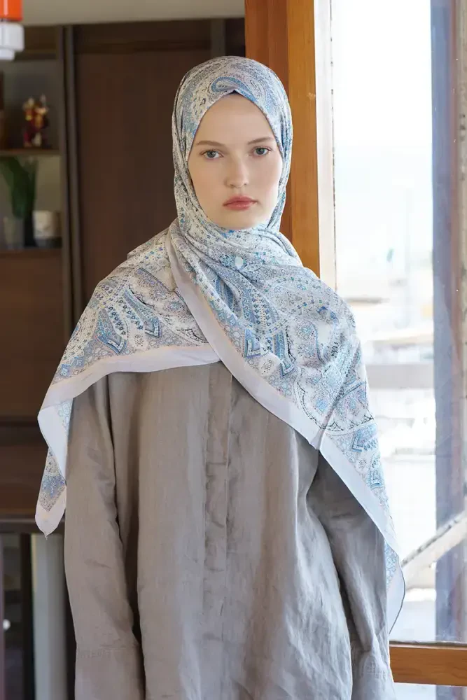 Live Siena Desen Şal - Açık Mavi - MADAME POLO