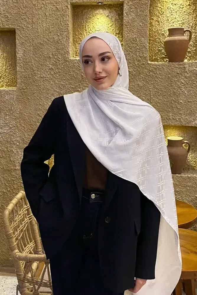 Naiya Jakar Şal Frame Desen - Beyaz - 3
