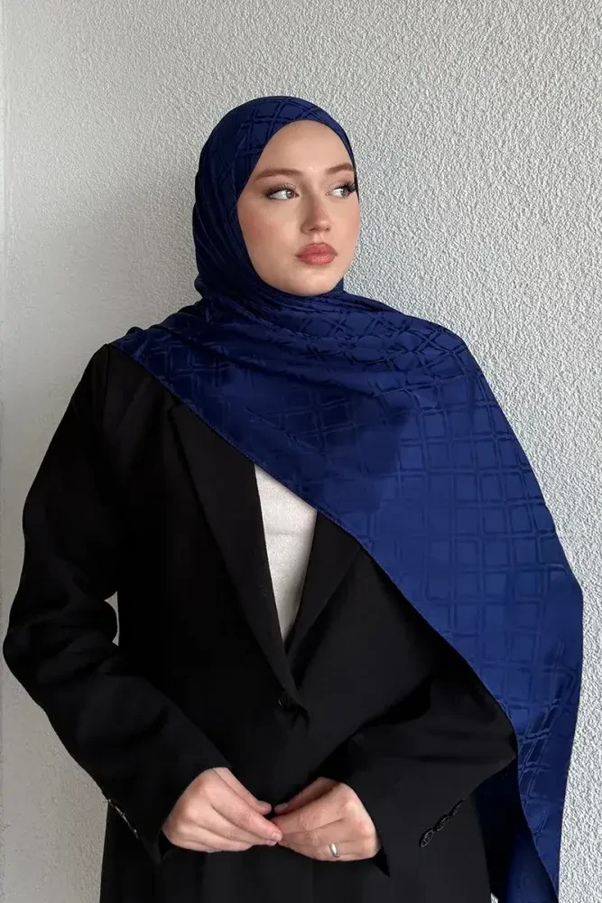 Naiya Jakar Şal Frame Desen - Gece Mavisi - 1