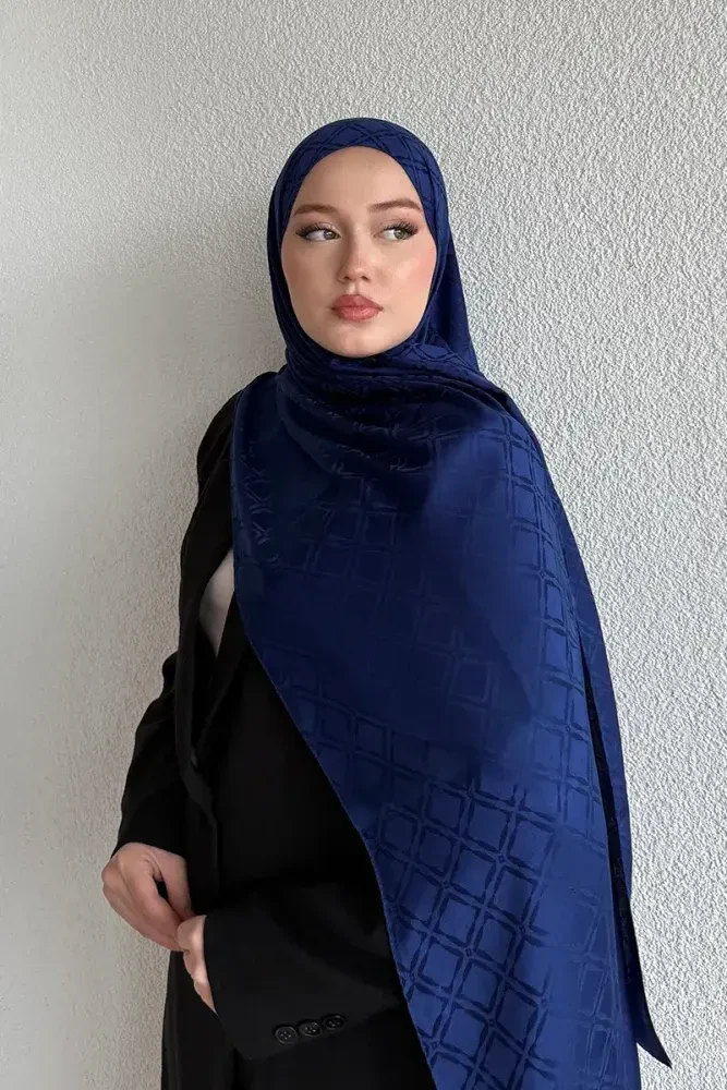 Naiya Jakar Şal Frame Desen - Gece Mavisi - 5