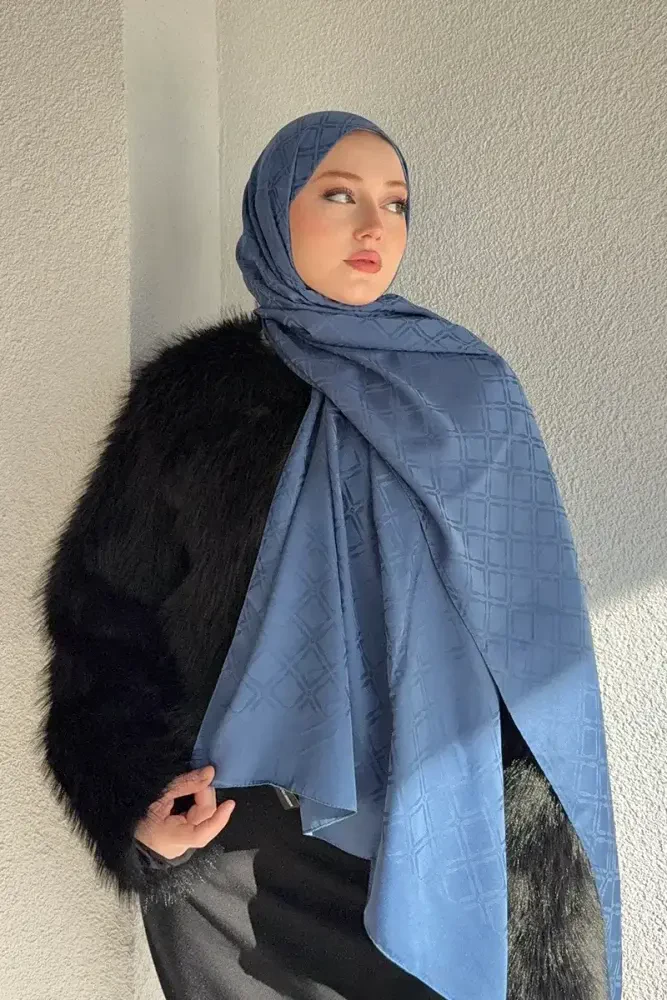 Naiya Jakar Şal Frame Desen - İndigo - MADAME POLO