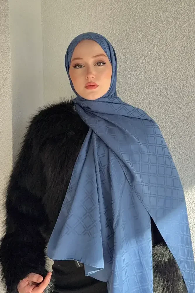 Naiya Jakar Şal Frame Desen - İndigo - MADAME POLO